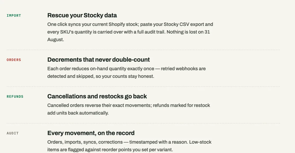 StockLog's live product page showing its Stocky import, retry-safe order tracking, and refund restocking features
